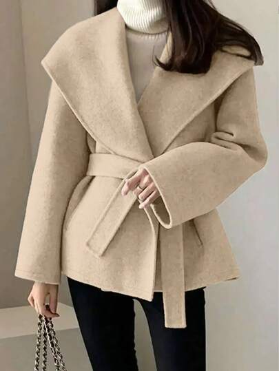 女士优雅翻领大衣，纯色梭织面料，带口袋，适合机场、日常、办公和约会穿着，秋冬季款