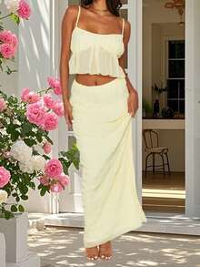 Womens Two Piece Summer Outfits Sleeveless Ruffle Hem Cami Tops And Long Skirt Set Beachwear - 黃色 - 查看 4