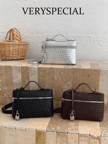 1 件女士高品质纯色 PU 压花编织格子小手提包，女士手提包带手柄，斜挎包，编织手提包，时尚简约优雅多功能经典编织 PU 材质黑色包带金属锁装饰，适合通勤、办公室、约会、日常购物、下午茶等场合 - 彩色 - 查看 2