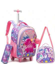 3pcs/Set Girls Rolling Backpack With Lunch Bag And Pencil Case, Lightweight Wheeled School Bag Suitable For Girls