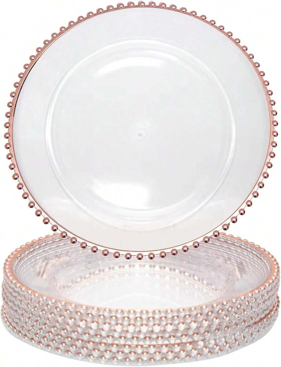 ZhdnBhnos WOQLIBE 25 Pack Charger Plates, 12.6in Gold Packaged Western  Plate Table Charger Plate Elegant Plastic Plates With Transparent Gold Thread Beads For Party Banquets Weddings (Style 3) - 25pcs-pink-11 - View 1