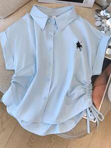 Vera Lane Women's Old Money College Style Fake Style Slimming Waist Drawstring Slimming Vest Casual Cute Halloween Christmas School Clothes Birthday Outfits For Women Boho Chic Techno Outfit Knight Embroidery Pattern Button Up Shirt Women