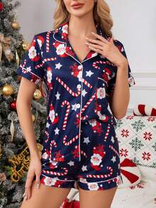 Set de pijamale de Crăciun cu imprimeu de Moș Crăciun pentru femei, top cu mânecă scurtă și guler cu nasturi și pantaloni scurți, lenjerie de casă casual confortabilă, potrivită pentru acasă sau în aer liber, primăvară/vară/toamnă/iarna, haine de toamnă - Albastru marin - Vizualizare 8