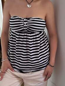 Women Y2k Tube Top Button Sleeveless Backless Strapless Bandeau Cute Aesthetic Summer Going Out Club Party Tank Tops - 黑與白 - 查看 5