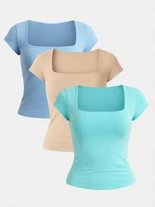 Kit 3 Women's Short Sleeve Suplex Blouse Cold Mesh Basic Blouse - Aqua Green, Nude and Baby Blue - View 1