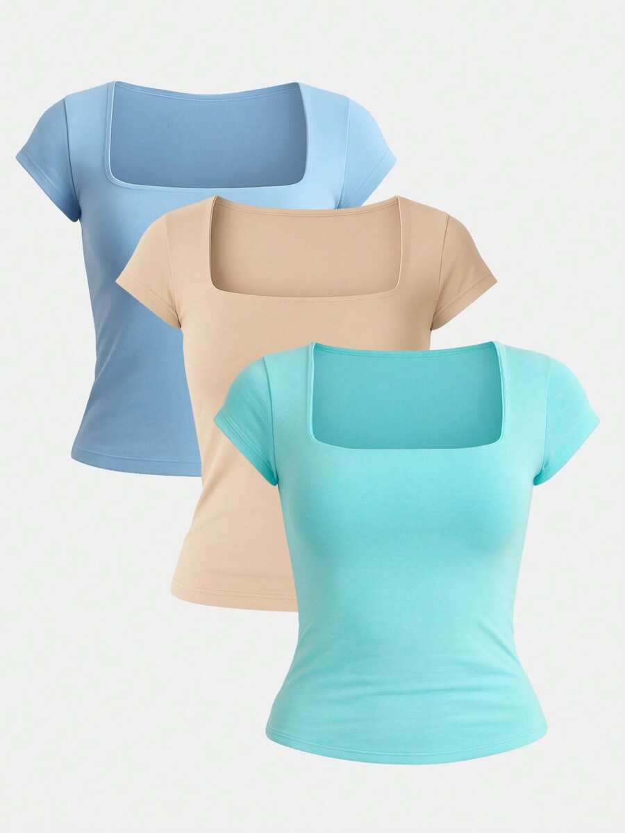 Kit 3 Women's Short Sleeve Suplex Blouse Cold Mesh Basic Blouse - Aqua Green, Nude and Baby Blue - View 1