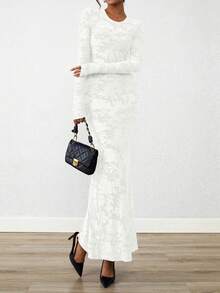 Women Elegant Floral Lace Long Sleeve Bodycon Maxi Dress Spring Fall Autumn Prom Wedding Guest Outfits - 白色 - 查看 4