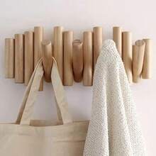 Modern Natural Wood Wall Mounted Coat Rack,  5 Hooks, Scandinavian Style Storage Organizer, Linear Design, Can Be Installed Without Drilling Holes - Ginger - View 1