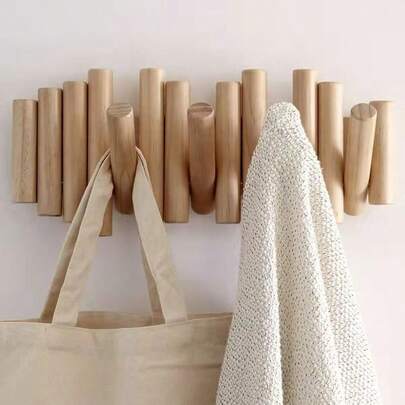 Modern Natural Wood Wall Mounted Coat Rack,  5 Hooks, Scandinavian Style Storage Organizer, Linear Design, Can Be Installed Without Drilling Holes