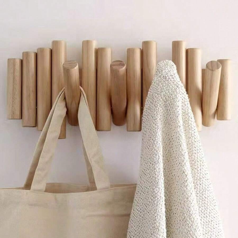 Modern Natural Wood Wall Mounted Coat Rack,  5 Hooks, Scandinavian Style Storage Organizer, Linear Design, Can Be Installed Without Drilling Holes - Ginger - View 1