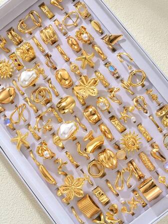 14/20pcs Faux Pearl Inlaid Alloy Women's Ring Set, Elegant Floral & Starfish Mixed Styles, Multi-Piece Open Adjustable Rings For Party, Wedding, Daily Wear, Fashion Jewelry Gift, Random Assortment