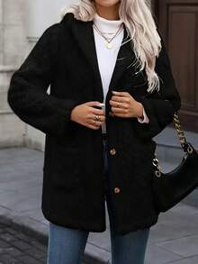 Chaqueta con capucha de piel sintética de unicolor con bolsillo y botones delanteros con estampado de argyle para uso diario en invierno para mujer