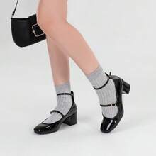 WEIDE Zapatos para mujer tipo Mary Jane de tacón medio, zapatillas de tacón elegantes para estudiantes y mujeres jóvenes, combinan con vestidos y faldas, ideales para ocasiones formales y eventos sociales - Negro - Ver 1
