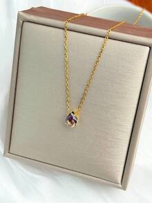 1pc Customized Birthday Birthstone Necklace, Cubic Zirconia Teardrop & Heart/Square Gemstone Personalized Birthday Gift, Gift For Mom, Gift For Best Friend