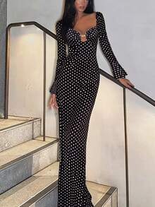 Women's Elegant Commuter, Casual, Versatile Long Sleeve Flare Sleeve Black & White Classic Polka Dot Print Square Neck Dress With Gold Shell Button Decor, Bodycon Fit With Flared Hem, Suitable For Halloween, Christmas Eve, Christmas, Spring Festival, Outing, Gathering With Friends, Shopping, Entertainment, Work, Etc. Basic Jacket Fabric Is Comfortable, Stylish Design, High Cost-Performance, Suitable For Autumn/Winter Wear