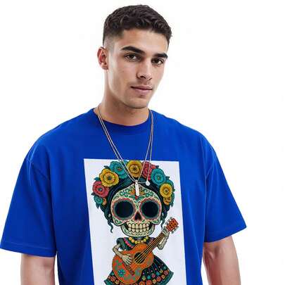 Playeras Hombre Estampado Calavera con Flores y Guitarra Tradicional Mexicana Día de Muertos Camiseta de manga corta con cuello redondo y estampado gr