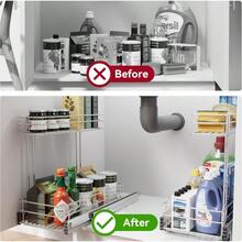 Under Sink Organizer 9" W X17 D Pull Out Cabinet Organizer 2 Tier Under Sink Slide Out Chrome Plated Under Kitchen Bathroom Organizer Pantry Cabinet Closet Organization Rack 1 Pack