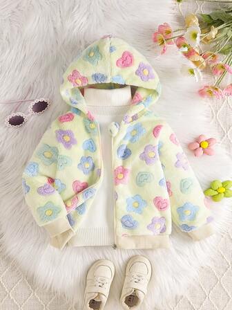 1pc Baby Girls' Casual Heart & Flower Print Fleece Hooded Jacket, Autumn/Winter