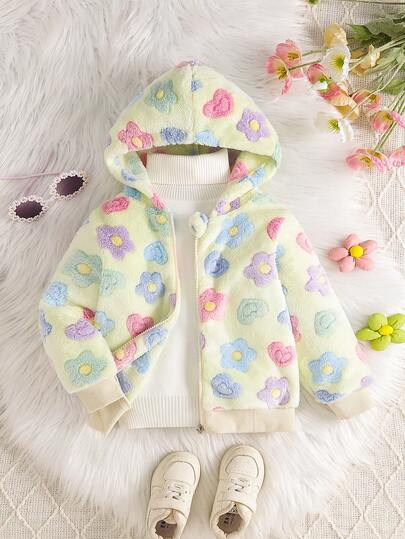 1pc Girls' Casual Heart & Flower Print Fleece Hooded Jacket, Autumn/Winter