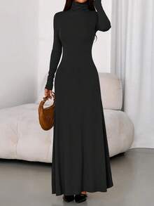 Women's Dress Fall Long-Sleeved Turtleneck Stylish Slim-Fit Knitted Maxi Dress Wedding Guest Party Casual Wear - 黑色 - 查看 6