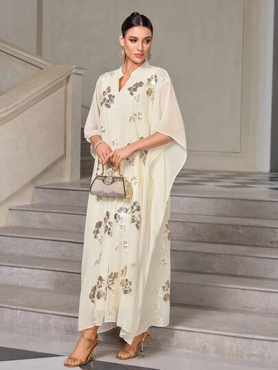 Vestido elegante de estilo árabe de unicolor con bordado de lentejuelas y parches en escote en V (bordado aleatorio) para mujer