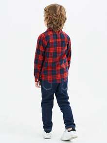 青少年男孩秋冬格子长袖衬衫/学院风/圣诞红衬衫