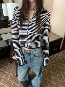 女士休闲黑白条纹拼接镂空针织开衫，时尚设计，宽松休闲上衣，女士秋季服装