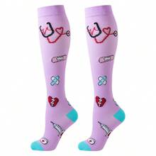 6双渐进式循环运动护士压缩袜，男女通用，可爱爱心图案，透气过膝袜，适合跑步、骑行、徒步等运动，及膝护士袜