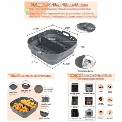 Foldable Silicone Fryer Liner With Divider COSORI 5.5L Speedi 5.7L 2mm Liner Thickness 8 Inch Large Fryer Accessories Square Instant Vortex 5.7LTefal