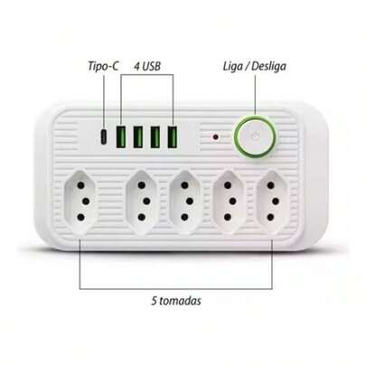 Filtro De Linha Extensão 5 Tomadas 4 USB 1 TypeC Universal Bivolt 110v/220v 2500W Power 2m