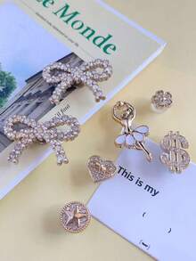 Fashionable Girl Style Clogs Shoes Charms Set - Bow, Dollar Sign, Star & Flower Decor, Shiny Clogs Shoes Accessories - Gold Bow Suit - View 7