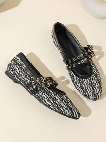 Sapatilhas Pretas e Brancas Trançadas de Bloco de Cores com Bico Redondo para Mulheres, Sapatilhas, Sapatilhas Clássicas, Outono, Balé