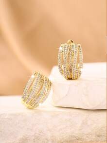 1 对简约几何耳环，铜质微镶锆石，时尚优雅，适合日常通勤 - 金色 - 查看 4