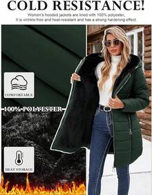 Women's Winter Windproof Fur Warm Slim Fit Down Jacket - Long Ski Coat For Commuting - 軍綠色 - 查看 5
