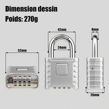 Lucchetto d'argento a combinazione a 4 cifre, lucchetto da esterno impermeabile da 52mm