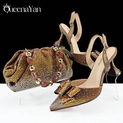 Conjunto de Sapatos e Bolsa Femininos QueenYan de Bico Fino, Decoração de Ombré com Strass, Bolsa Soft Cloud, Alça de Corrente de Pérolas Elegante, Clutch Confortável, Sapatos de Salto Alto Confortáveis