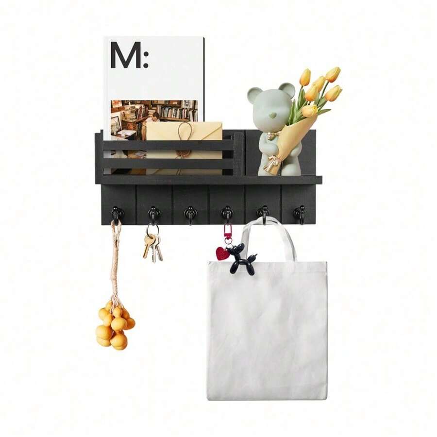 Youyijia Wall Key Holder Rustic Wood Key Rack With 6 Hooks And Mail Holder Wall Mounted Entryway Organizer For Keys Mail Sunglasses For Hallway Kitchen Office Bedroom - Black - View 1