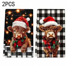 1set/2pcs/100pcs Christmas Cow With Santa Hat And Plaid Scarf Pattern Kitchen Towels And Dishcloths, Suitable For Interior Decoration In Restaurants, Kitchens And Bathrooms, Party Decoration, Festival Gifts, As A Gift - Multicolor - View 1