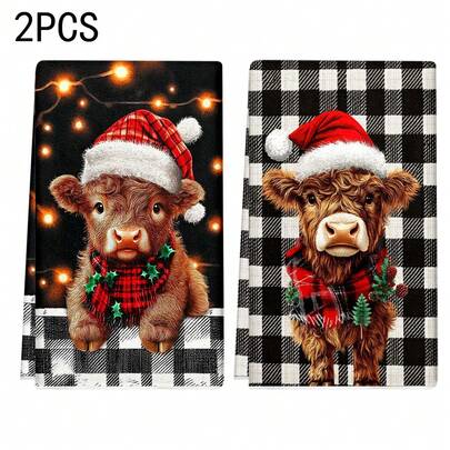 1set/2pcs/100pcs Christmas Cow With Santa Hat And Plaid Scarf Pattern Kitchen Towels And Dishcloths, Suitable For Interior Decoration In Restaurants, Kitchens And Bathrooms, Party Decoration, Festival Gifts, As A Gift
