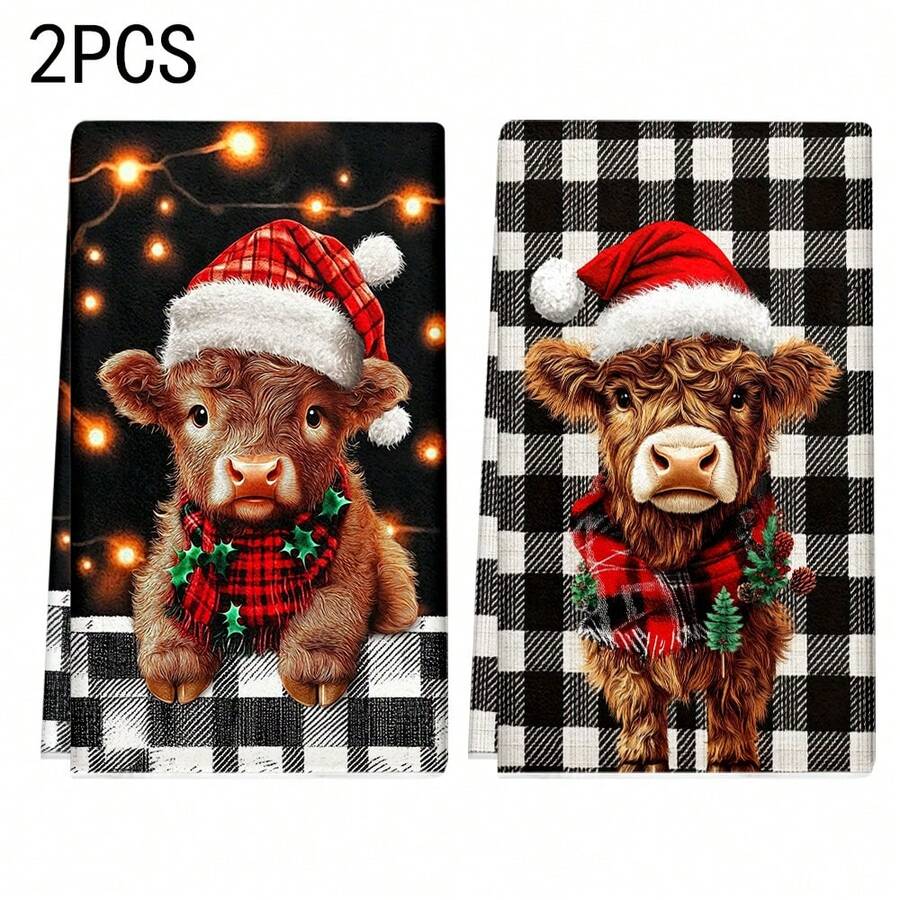 1set/2pcs/100pcs Christmas Cow With Santa Hat And Plaid Scarf Pattern Kitchen Towels And Dishcloths, Suitable For Interior Decoration In Restaurants, Kitchens And Bathrooms, Party Decoration, Festival Gifts, As A Gift - Multicolor - View 1