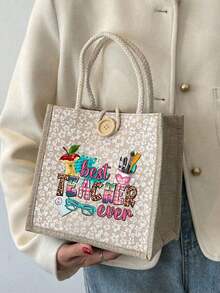 1 pezzo "Miglior insegnante" Borsa a tracolla in lino con stampa floreale, borsa riutilizzabile con stampa per donne, borsa a doppia maniglia per libri e shopping, borsa a spalla di grande capacità, borsa casual, borsa per il Natale, adatta per pendolarismo, scuola, shopping, attività all'aperto, regalo per amici, fidanzata, festa dell'insegnante, vacanze e festività - Cachi - Visualizzare 4