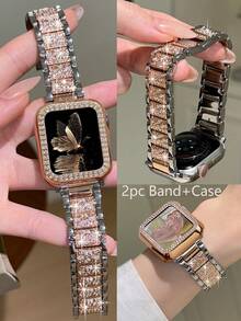 一套，兼容苹果手表表带+表壳，玫瑰金金属表带，镶嵌闪亮钻石，兼容苹果手表38/40/41/42/44/45/46/49毫米，兼容苹果手表Ultra/SE/10/9/8/7/6/5/4/3/2/1，女士表带，智能手表配件 - 玫間銀 - 查看 7