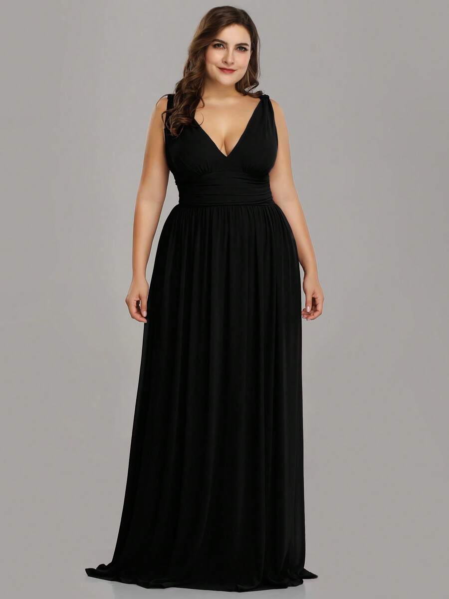 V-Neck Ruffle Waist Pleated Chiffon Bridesmaid Dress, Elegant - Black - View 1