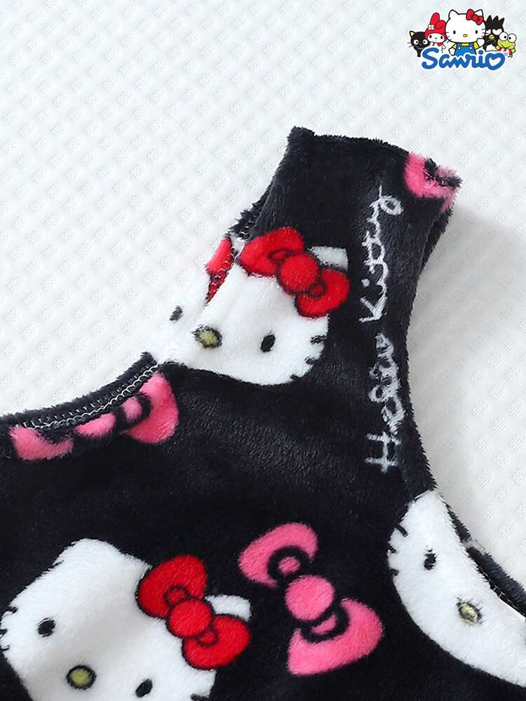 SANRIO 女士毛绒睡衣套装，秋冬吊带背心和蝴蝶结短裤，柔软舒适休闲家居服套装 - 黑色 - 查看 3