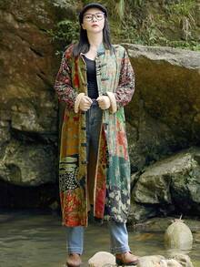 LUZU JUNU Women's Trench Coat Floral Print Long Cotton Linen Jacke Cottagecore Clothing Patchwork Outwear Bohemian Unique - 綠色毛絨襯裡 - 查看 7