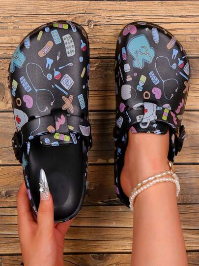 Women's Fashion Cartoon Print Closed Toe Shoes, Wooden Clog-Style All-Season Work Shoes, Lightweight Flat Perforated Shoes, Comfortable Soft Soles, Adjustable Buckle Closure, Closed Toe, Suitable For Beach, Garden And Autumn Wear