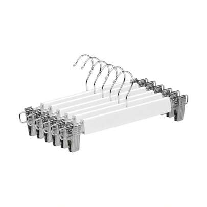 DISTRIBUX Pack de 6 Perchas de Madera para Pantalones Percha para Faldas Vaqueros con y Gancho Giratorio 360° y Pinzas Ajustables Anticorrosión Color Blanco  ✅ Entrega de 1-3 días
