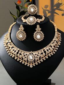 1 Bộ trang sức cưới cô dâu Maximalist sang trọng, thanh lịch theo phong cách Trung Đông và đính đá hoàn toàn, bao gồm 1 đôi bông tai + 1 vòng cổ + 1 vòng tay + 1 nhẫn, thích hợp cho phụ nữ đeo trong đám cưới/tiệc tùng/lễ hội, một món quà bất ngờ xa hoa cho người yêu/mẹ/bạn bè - Nhiều màu - Xem 2