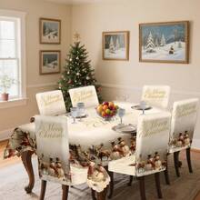 Conjunto de toalha de mesa e capa para cadeira com estampa digital decorativa de rena e boneco de neve, slogan de Natal, 1/4/5/6/35 peças - Toalha de mesa lavável e à prova de poeira para móveis internos, adequada para decoração de sala de jantar interna, reuniões familiares, presentes e festas de fim de ano