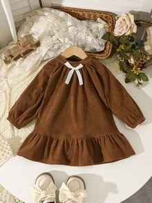 Baby Girls' Solid Color Corduroy Dress, Casual Minimalist Cute Style, Suitable For Daily Wear, Parties, Outings And Photo Shoots, Autumn/Winter